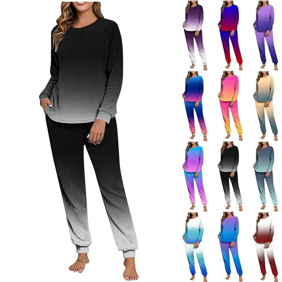 Mifsaly Warm Pajamas for Women Set Double Fleece Gradient Color 2 Piece Winter Pjs Raglan Long Sleeve Crewneck Loose Sleepwear Cozy Nightwear High Waist Baggy Pants with Pockets 2025 Fashion Homewear