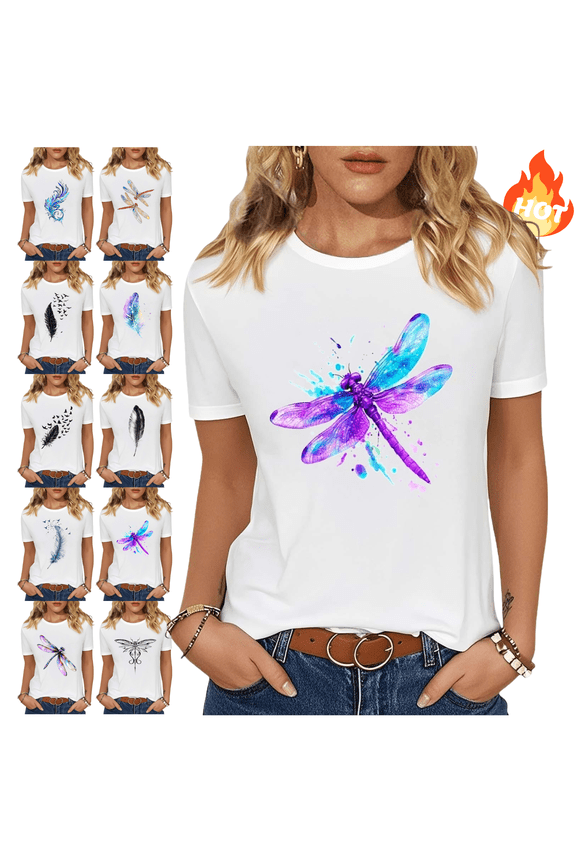 Watercolor Feather Print T-Shirt Women Crewneck Short Sleeve Cotton Tops Boho Graphic Basic Tee Everyday Outdoor Activities Casual Blouse S