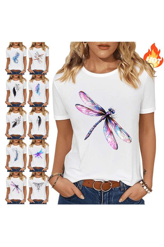 Watercolor Feather Print T-Shirt Women Crewneck Short Sleeve Cotton Tops Boho Graphic Basic Tee Everyday Outdoor Activities Casual Blouse XL