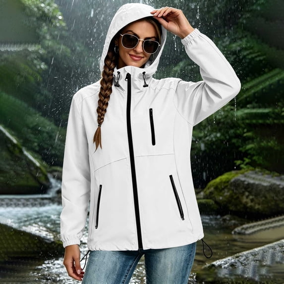 Mifsaly Waterproof Rain Jacket Women Hooded Lightweight Windbreaker Contrast Zipper Workout Hiking Camping Raincoat White,L