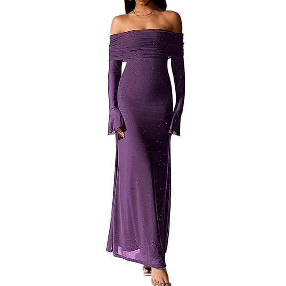Mifsaly Wedding Guest Dresses for Women Off Shoulder Sequin Dress Bodycon Maxi Evening Gowns Flowy Cocktail Party Fashion Outfits 2026 M