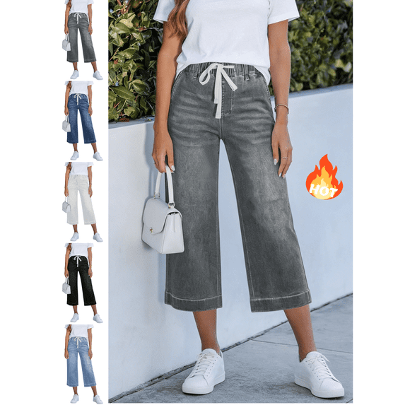 Mifsaly Wide Leg Capri Jeans for Women Baggy Drawstring Elastic Waist Cropped Denim Pants Relaxed Fit Summer Casual Daily Streetwear Crop Trousers with Pockets XL