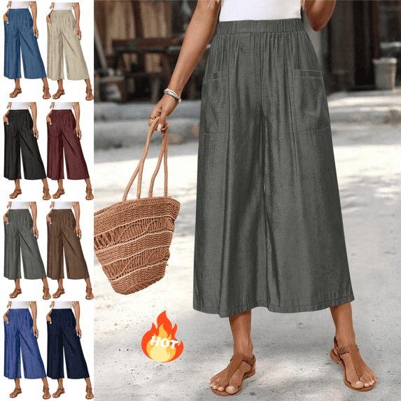 Mifsaly Wide Leg Capris for Women High Waist Capri Pants Flowy Summer Business Casual Cropped Pant with Pockets XL