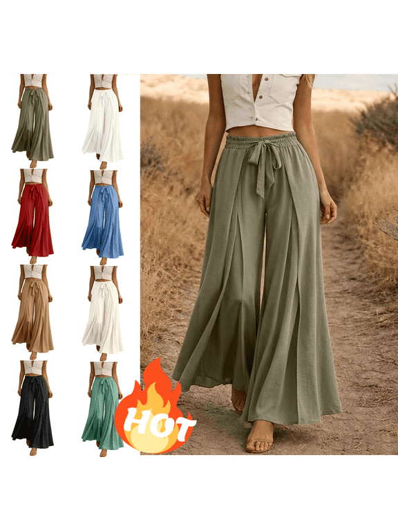Wide Leg Flowy Pants for Women Pleated Tie Waist Casual Summer Palazzo Trousers Lightweight Relaxed Fit Flattering Beach Holiday Boho Lounge Pants Green,XXL