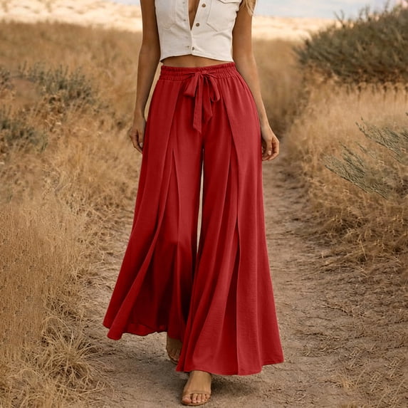 Mifsaly Wide Leg Flowy Pants for Women Pleated Tie Waist Casual Summer Palazzo Trousers Lightweight Relaxed Fit Flattering Beach Holiday Boho Lounge Pants Red,XL