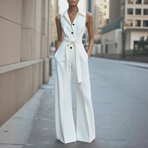 Mifsaly Wide Leg Jumpsuits for Women Sleeveless Button Front Jumpsuit Elegant Business Casual Work Rompers with Belt and Pockets L