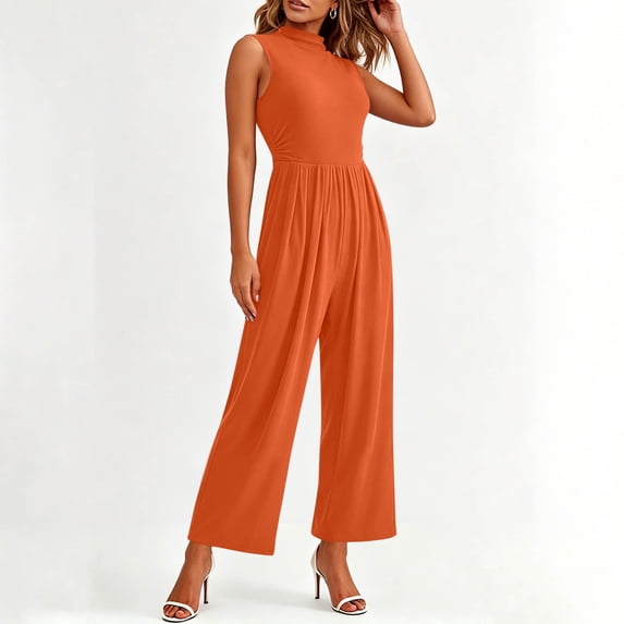 Mifsaly Wide Leg Jumpsuits for Women Sleeveless Mock Neck High Waisted Jumpsuit with Pockets Soft Comfortable office Work Casual Summer Outfits Red,S