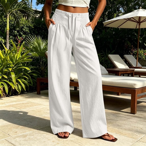Mifsaly Wide Leg Linen Pants for Women Drawstring Elastic Waist Palazzo Pants Lightweight Casual Lounge Beach Summer Bottoms with Pockets White,XL