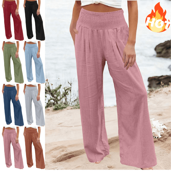 Mifsaly Wide Leg Linen Pants for Women Flowy Summer Beach Vacation Pant High Waisted Smocked Elastic Waist Casual Trousers with Pockets XXL