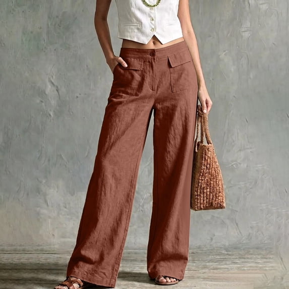 Mifsaly Wide Leg Linen Pants for Women High Waisted Work Trousers Lightweight Loose Fit Office Everyday Vacation Clothes with Front Pockets Brown,XXL