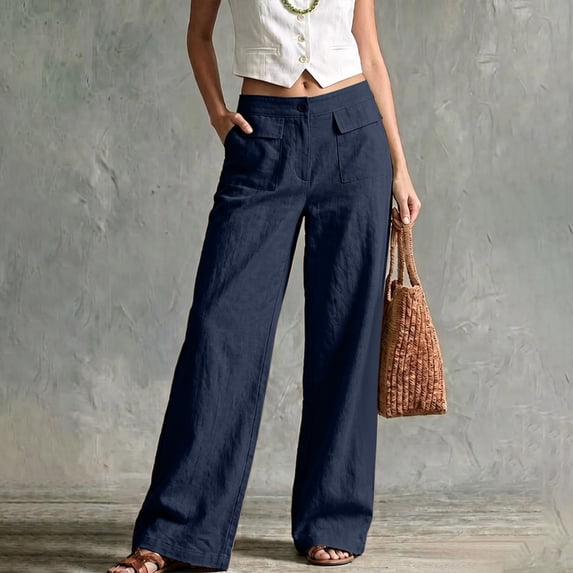 Mifsaly Wide Leg Linen Pants for Women High Waisted Work Trousers Lightweight Loose Fit Office Everyday Vacation Clothes with Front Pockets Navy,M