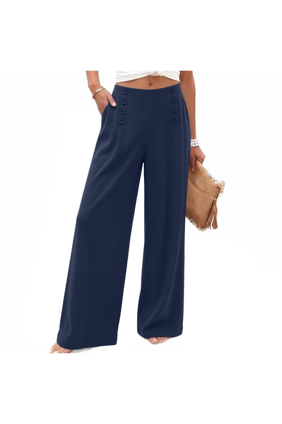 Wide Leg Lounge Pants for Women Side Button High Waisted Wide Leg Work Pant Comfortable Flowy Loose Casual Business Office Clothes with Pockets Navy,S