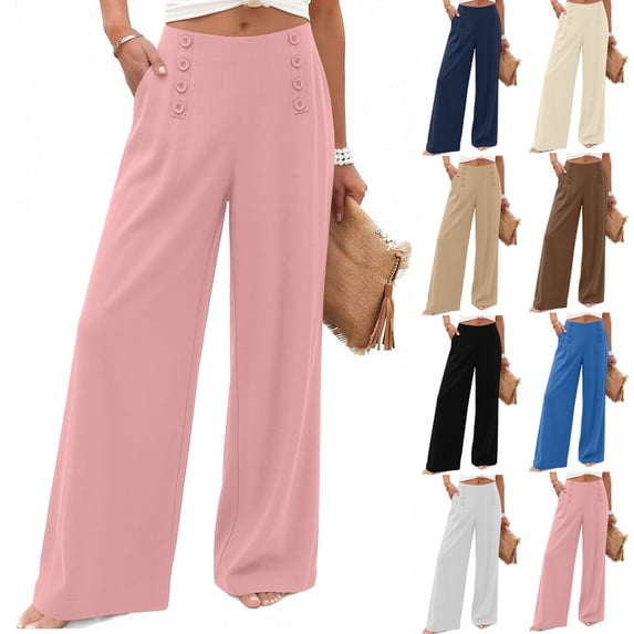Mifsaly Wide Leg Lounge Pants for Women Side Button High Waisted Wide Leg Work Pant Comfortable Flowy Loose Casual Business Office Clothes with Pockets Pink,XXL