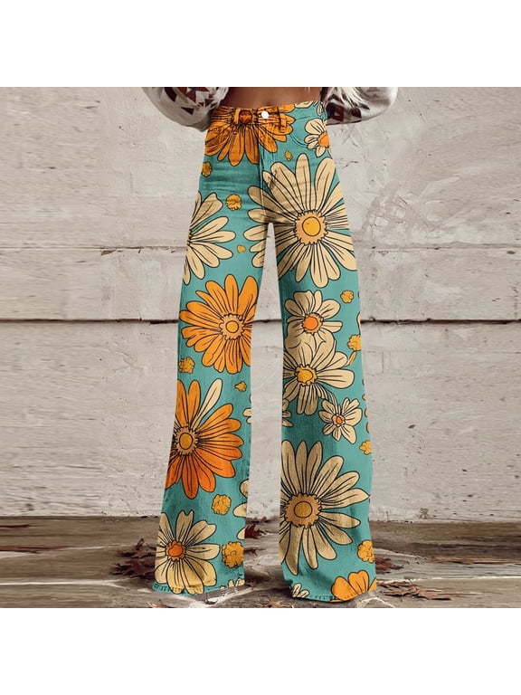 Wide Leg Pants Women Women's High Waisted Wide Leg Pants Floral Print Pattern Flowy Relaxed Trousers Comfortable Lightweight Fabric Boho Style Vacation Beach Casual Daily Wear Trendy S