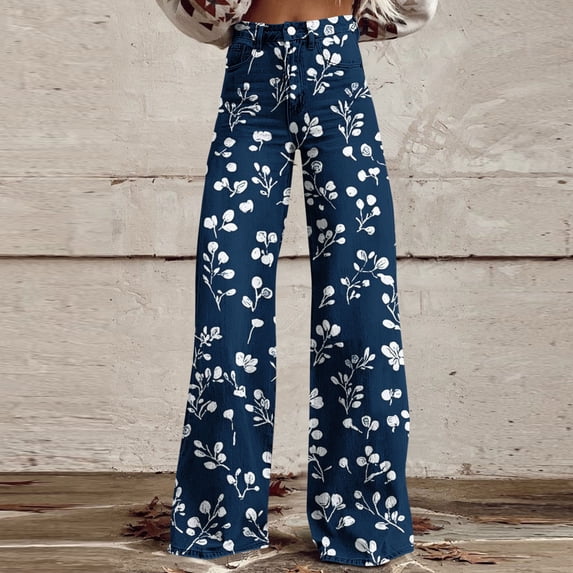 Mifsaly Wide Leg Pants Women Women's High Waisted Wide Leg Pants Floral Print Pattern Flowy Relaxed Trousers Comfortable Lightweight Fabric Boho Style Vacation Beach Casual Daily Wear Trendy XXXXXL