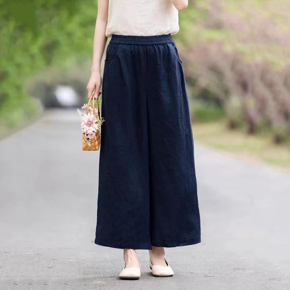 Mifsaly Wide Leg Summer Pants for Women High Waisted Palazzo Trousers with Pockets Lightweight Loose Relaxed Fit Casual Work Beach Wear Clothes Navy,XXXXL