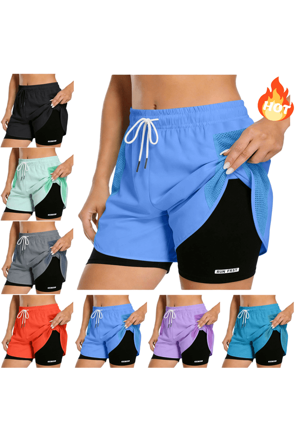 Women 2 In 1 Running Shorts with Pockets Double Layer Athletic Workout Gym Shorts High Waisted Breathable Lightweight Yoga Training Exercise Activewear M
