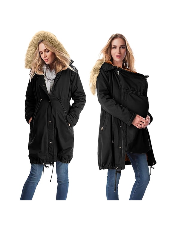 Women 3 In 1 Winter Coat Maternity Warm Quilted Jacket Mid Length Hooded Zip Up Padded Coats Pregnant Thermal Long Jackets Cold Weather Outerwear with Pockets XL