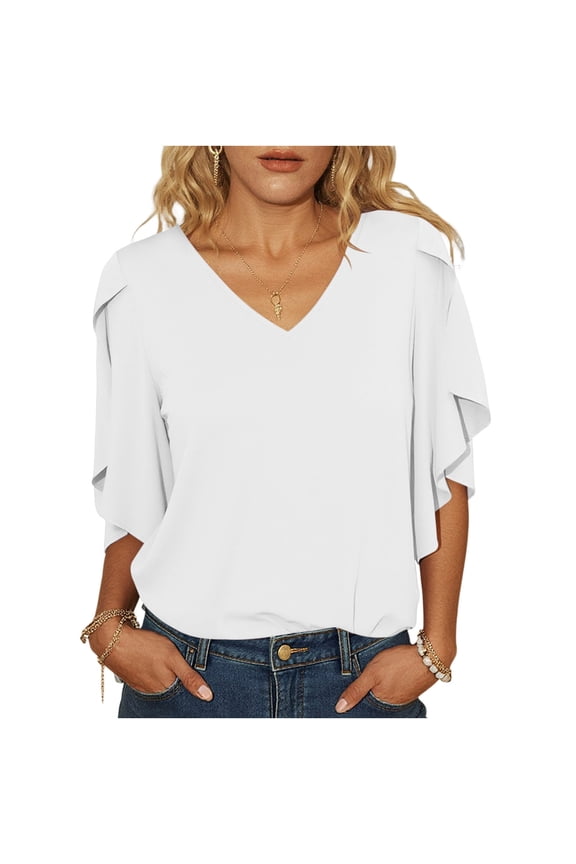 Women Blouses Dressy Casual V Neck 3/4 Split Sleeve Flutter Chiffon Tops Loose Fit Casual Work Shirts Fashion Summer Elegant Tunics White,M