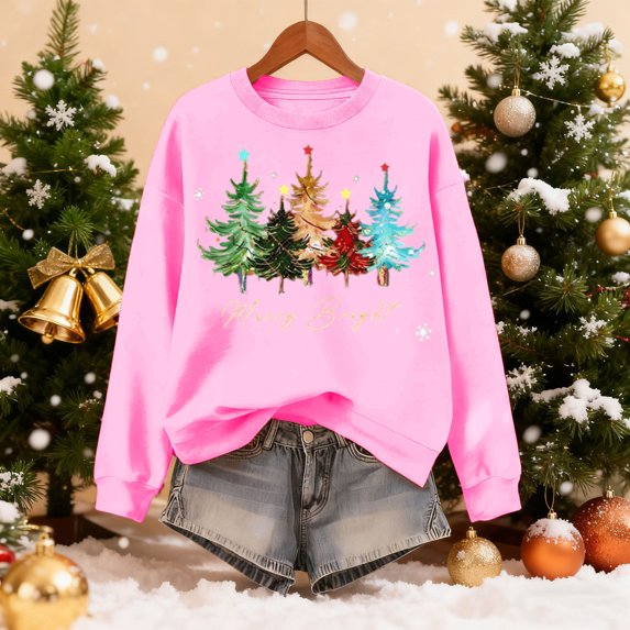 Mifsaly Women Christmas Sweatshirts Xmas Tree Merry and Bright Shirt Loose Crewneck Long Sleeve Tops Pullover Sweater Watching Movies Tshirts Funny Gifts Blouse 2025 Fashion Holiday Outfits