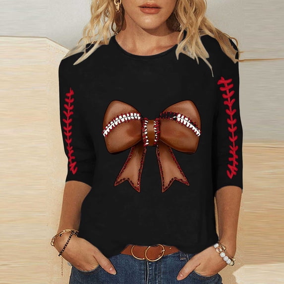 Mifsaly Women Football Shirt Bow Print 3/4 Sleeve Game Day Shirts Loose Tunic Graphic Tee Pullover Tops Team Fans Game Day Sport Tees S
