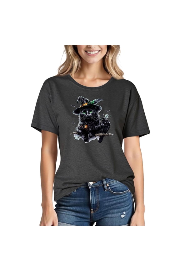 Women Halloween Tops Black Witch Cat Graphic Short Sleeve Crew Neck Cotton T-Shirts Comfortable Casual Fall Holiday Outfits Black,S