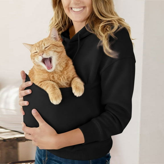 Mifsaly Women Hoodie with Cats Pouch Long Sleeve Hooded Sweatshirts with Kangaroo Pocket Leisure Dog Pouch Pullover Sweatshirt Casual Spring Fall Loungewear M