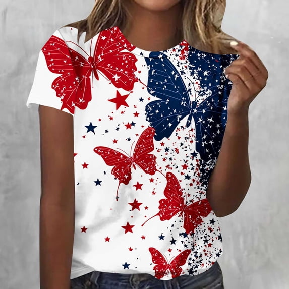 Mifsaly Women Independence Day T Shirt American Flag Print Graphic T-Shirts Summer Casual Comfy Daily Wear Loose Fit Lightweight Tees M