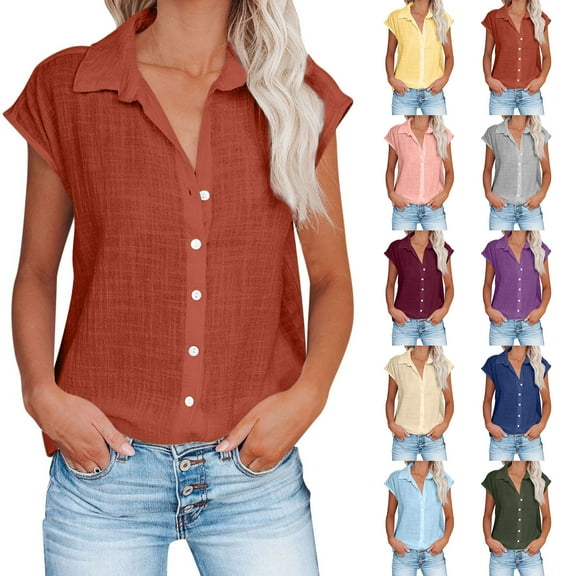 Mifsaly Women Lined Shirts Sleeveless Button Down Blouse Lapel Asymmetrical Hem Fashion T-Shirt Office Beach Cozy Breathable Shirts Spring Summer Casual Outfits Orange L