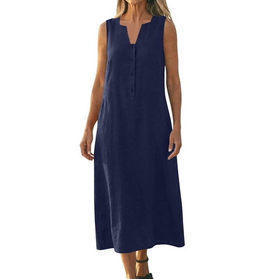 Mifsaly Women Linen Dresses V Neck Sleeveless Midi Dress Button Closure Loose Casual Versatile Work Office Summer Sundresses 2026 M