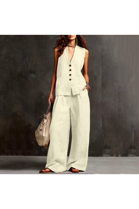 Women Linen Sets 2 Piece Outfits V Neck Button Down Vest and Loose Wide Leg Long Pants with Pockets Casual Summer Business Office Matching Clothes Beige,L