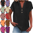 thumbnail image 1 of Mifsaly Women Linen Tops V-Neck Short Sleeve Blouse 2 Buttons Loose Business Shirts Office Summer T-Shirts Lightweight Cozy Breathable Outfits Black XXL, 1 of 6