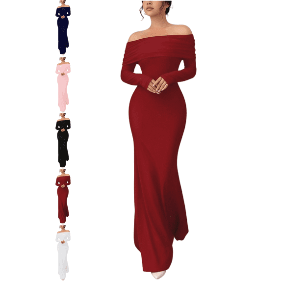 Mifsaly Women Long Sleeve Wedding Guest Dress Off The Shoulder Cocktail Evening Gowns Elegant formal Business Dresses Bodycon Fashion Clothes 2026 M