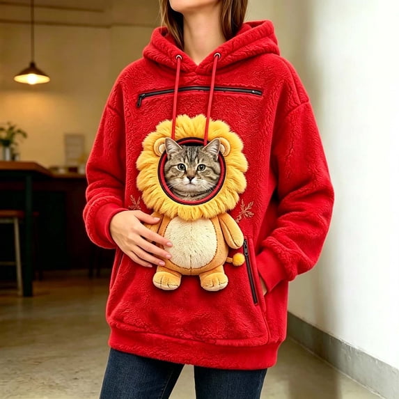 Mifsaly Women Pet Carrier Hoodie Lion Pattern Sherpa Fleece Hooded Sweatshirt with Cat Pouch Warm Long Sleeve Fall Winter Pullover for Pets Lovers Red,XL
