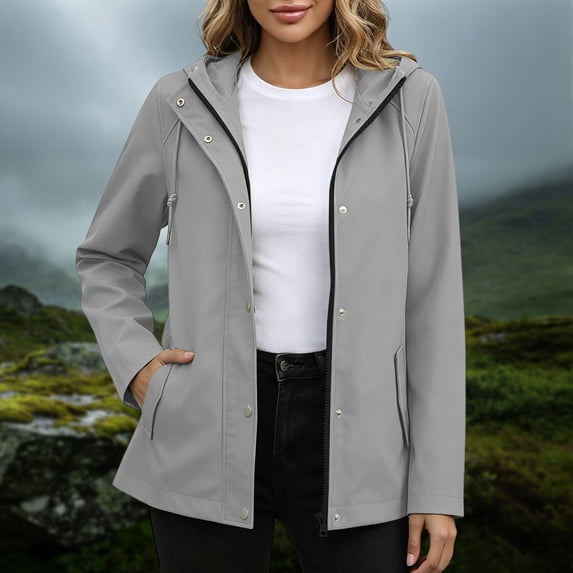 Mifsaly Women Rain Jacket with Hood Snap Button Zip Up Waterproof Raincoat Lightweight Casual Hiking Camping Outdoor Windbreaker Gray,XL