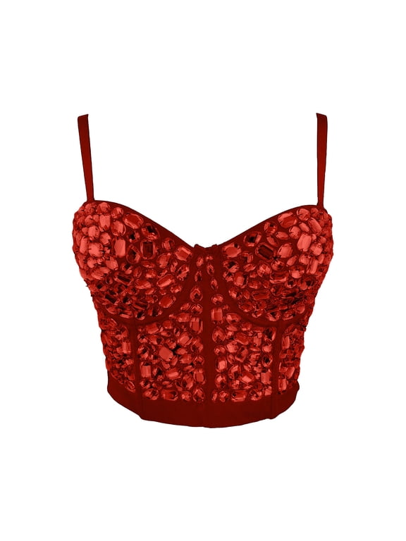 Women Rhinestone Embellished Crop Top Strappy Corset Push Up Tube Tops Adjustable Straps Club Party Evening Glitter Vest Bras L