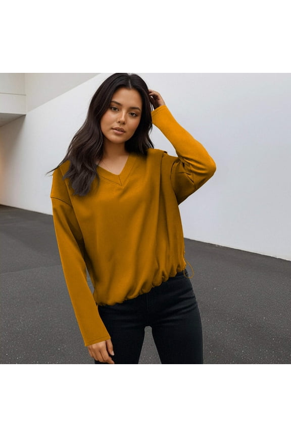 Women Ribbed V-Neck Long Sleeve Top Loose Fit Office Blouse Drawstring Hem Work Shirt Comfortable Dressy Casual Spring Fall T-Shirts Outdoor Fashion Outfits M