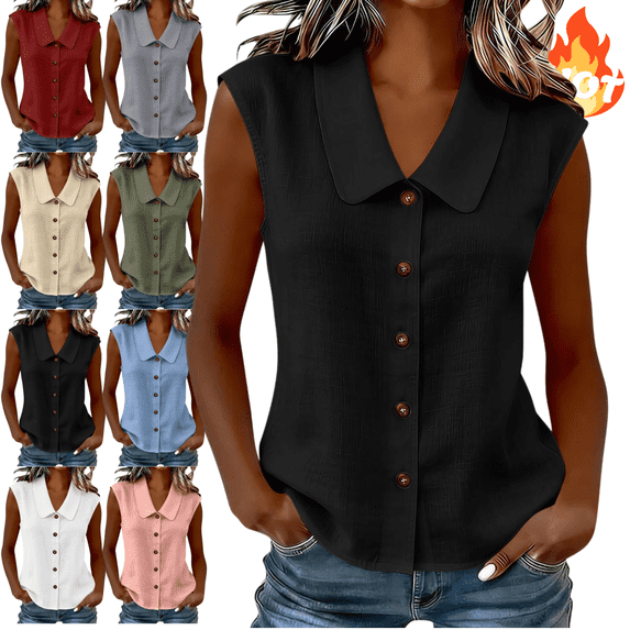 Mifsaly Women Sleeveless Button Down Shirts Casual V Neck Tank Tops Summer Lightweight Business Casual Blouses Collared Office Work Linen Top XXXL