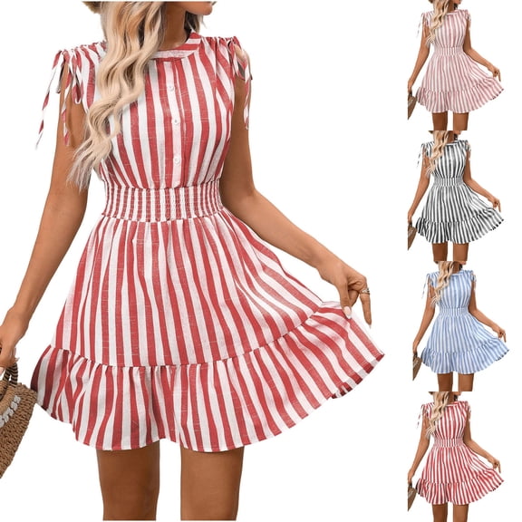 Mifsaly Women Striped Vacation Dresses Button Down Sleeveless Mini Dress Ruffle Elastic Waist A Line Summer Beach Sundress Travel Casual Going Out Outfits M