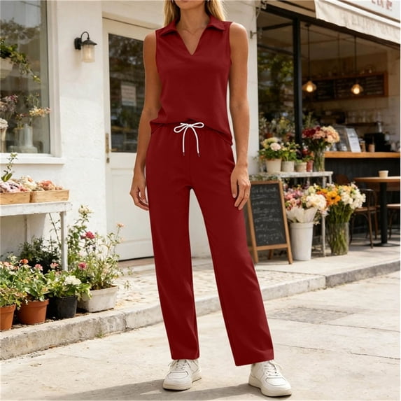 Mifsaly Women Track Suits 2 Piece Set Sleeveless V Neck Tops and Drawstring Straight Leg Pants with Pockets Soft Comfortable Casual Athletic Workout Matching Lounge Outfits Wine,XL