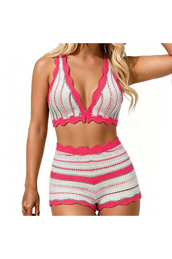 Women Two Piece Bikini Set High Waisted Crochet Scalloped Trim Knit Bathing Suits Boho Beachwear Flattering Summer Vacation Swimwear M