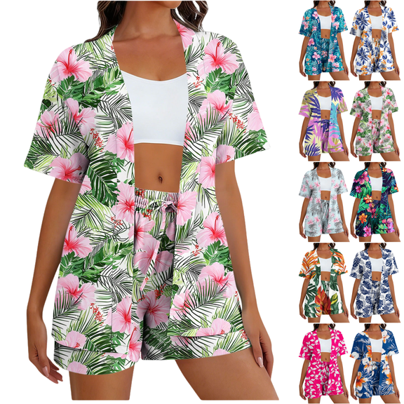 Mifsaly Women Vacation Sets Summer 2 Piece Casual Tropical Graphic Matching Outfits Short Sleeve Open Front Oversized Cardigans Comfy Drawstring Elastic Waist Beach Shorts