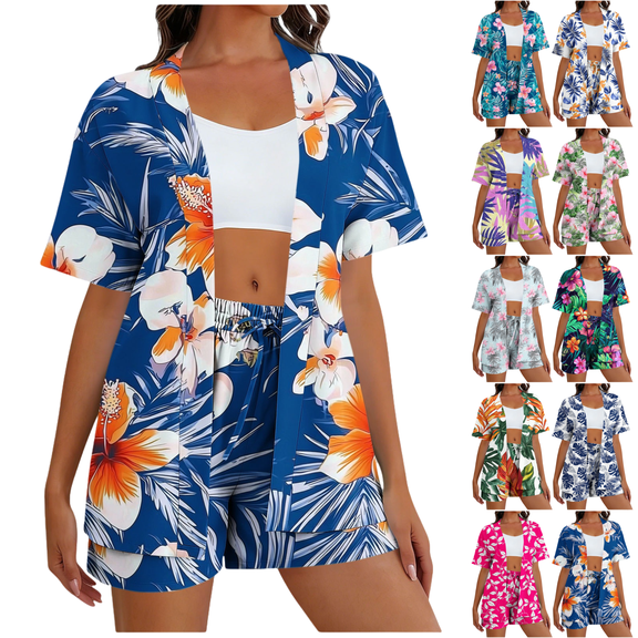 Mifsaly Women Vacation Sets Summer 2 Piece Casual Tropical Graphic Matching Outfits Short Sleeve Open Front Oversized Cardigans Comfy Drawstring Elastic Waist Beach Shorts
