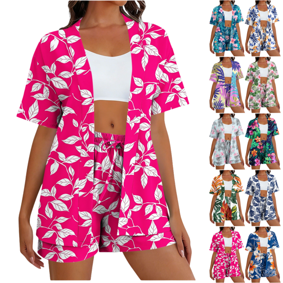 Mifsaly Women Vacation Sets Summer 2 Piece Casual Tropical Graphic Matching Outfits Short Sleeve Open Front Oversized Cardigans Comfy Drawstring Elastic Waist Beach Shorts