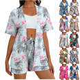 thumbnail image 1 of Mifsaly Women Vacation Sets Summer 2 Piece Casual Tropical Graphic Matching Outfits Short Sleeve Open Front Oversized Cardigans Comfy Drawstring Elastic Waist Beach Shorts, 1 of 8