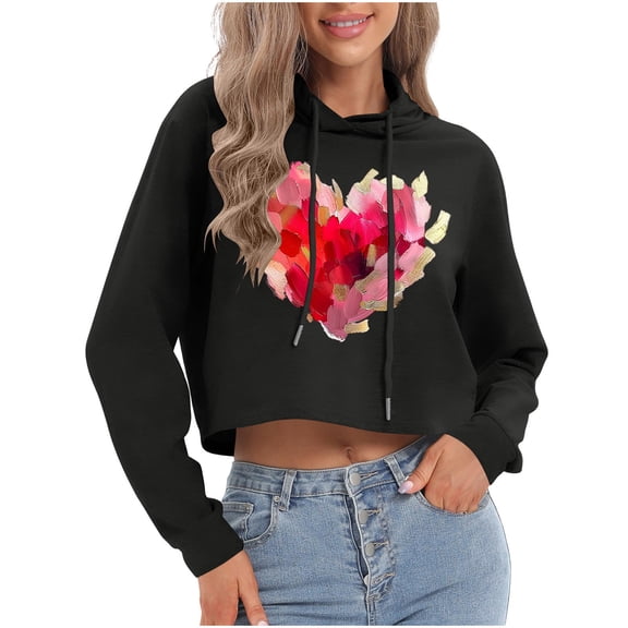 Mifsaly Women Valentines Day Crop Sweatshirt Drawstring Long Sleeve Heart Print Hoodie Girlfriend Gifts Hooded Cropped Tops Casual Loose Blouse Ladies Spring Fall Loungewear M