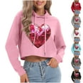 thumbnail image 1 of Mifsaly Women Valentines Day Crop Sweatshirt Drawstring Long Sleeve Heart Print Hoodie Girlfriend Gifts Hooded Cropped Tops Casual Loose Blouse Ladies Spring Fall Loungewear S, 1 of 7