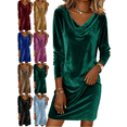 thumbnail image 1 of Mifsaly Women Velvet Long Sleeve Dress Cowl Neck Elegant Velour Shift Dresses Soft Loose Work Travel Cocktail Evening Party Gowns Funny Festival Vintage Fashion Outfits Green M, 1 of 10