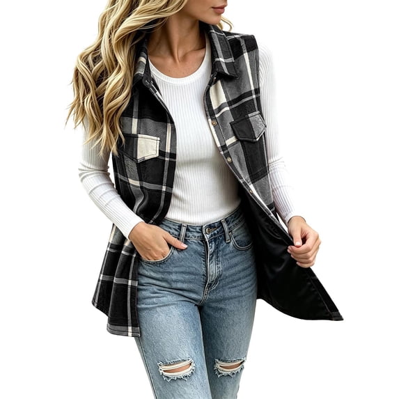 Mifsaly Women Vest Plaid Jackets Sleeveless Zip Up Flannel Jackets Collared Classic Lightweight Trendy Street Fall Clothing with Pockets