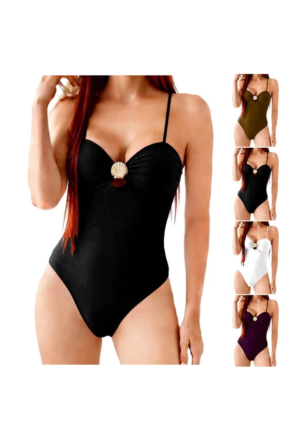 Women's Bathing Suit One Piece Push up Sweetheart Neckline Shell Detail Bathing Suits Slim Fit High Cut Monokini Flattering Swimwear for Beach Club Pool Party S